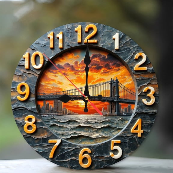 Artistic Wall Clock with Sunset Bridge Design 10-Inch Silent Wooden Wall Clock, Battery Operated (AA Batteries Not Included), Artistic Home Decor
