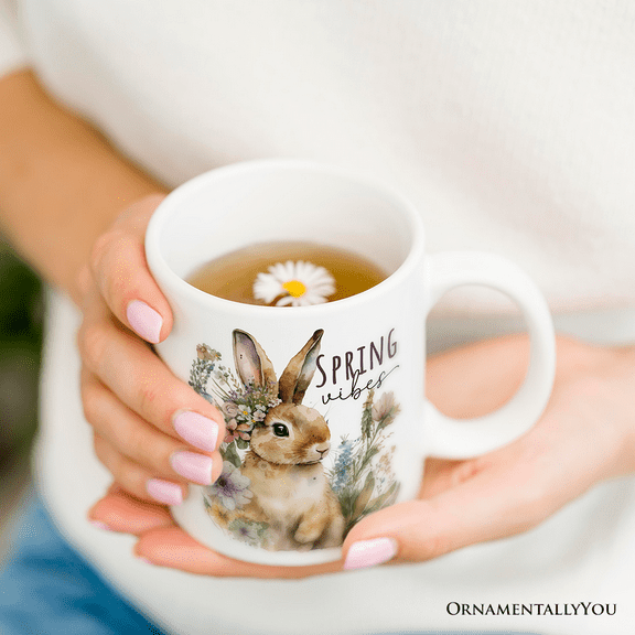 Artistic Watercolor Spring Vibes, Floral Bunny Gift Mug