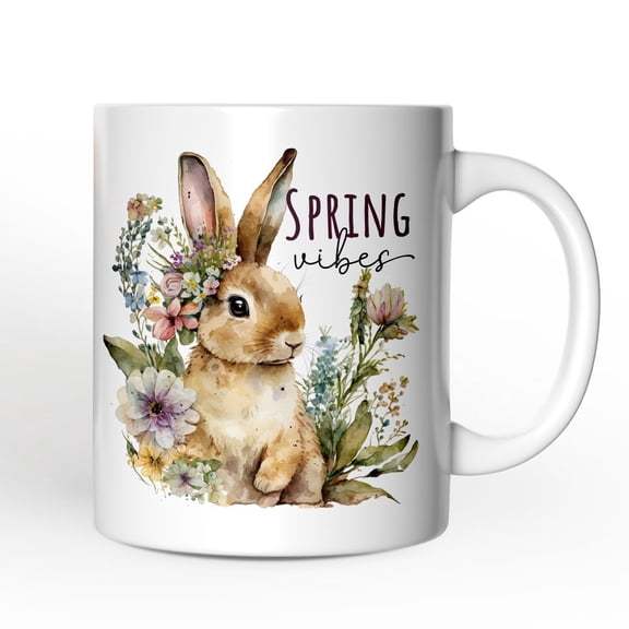 Artistic Watercolor Spring Vibes Personalized Mug, Floral Bunny Custom Gift with Name