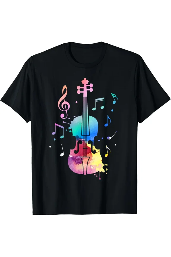 Artistic Watercolor Violin Music Notes T-Shirt - Colorful Rainbow Musical Instrument Graphic Tee for Musicians and Orchestra Lovers - Retro Style Unisex Apparel
