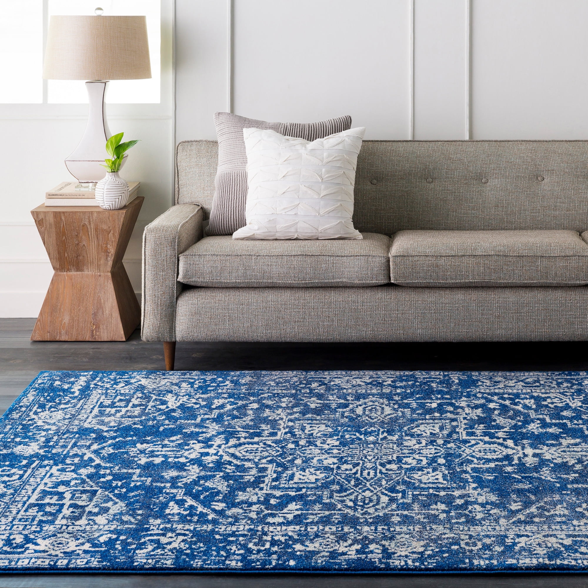 Dark Blue Rectangular Stain-Resistant Synthetic Area Rug
