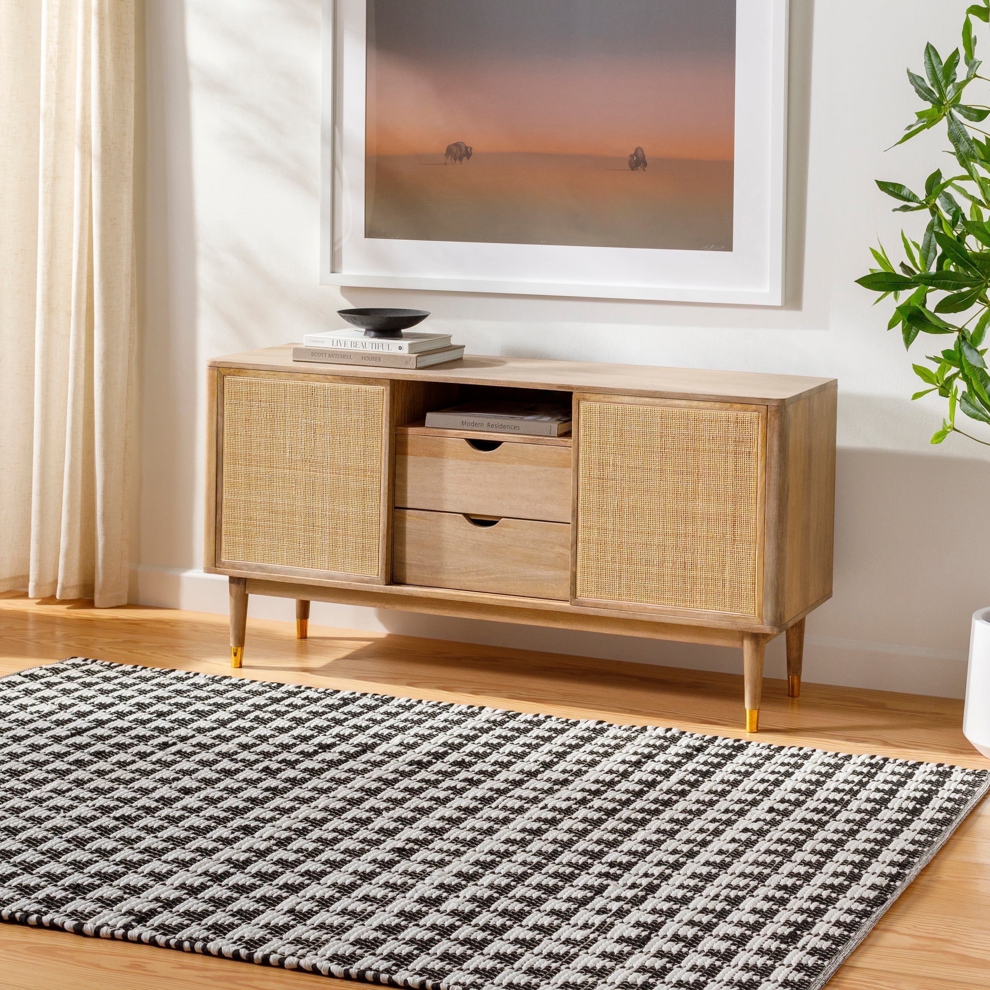 Black and White Handwoven Geometric Flatweave Rug, 5' x 7'