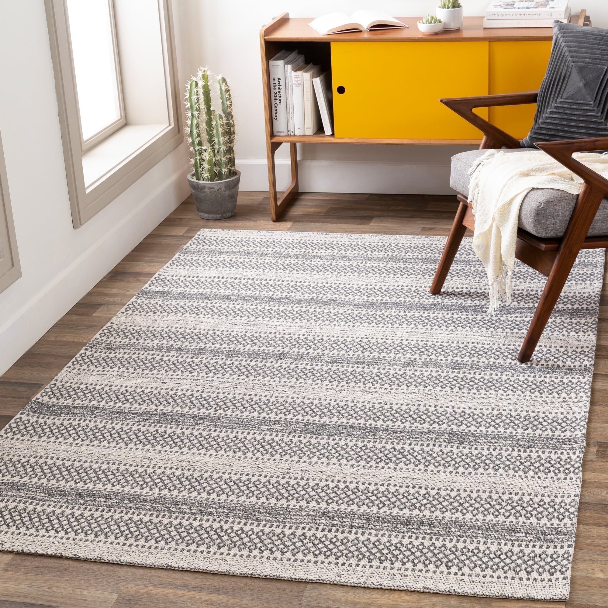 Gray and White Cotton Flat Woven Washable Area Rug, 5' x 7'