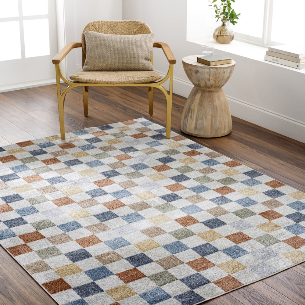 Lillian Blue and Multicolor Checkered Polyester Area Rug
