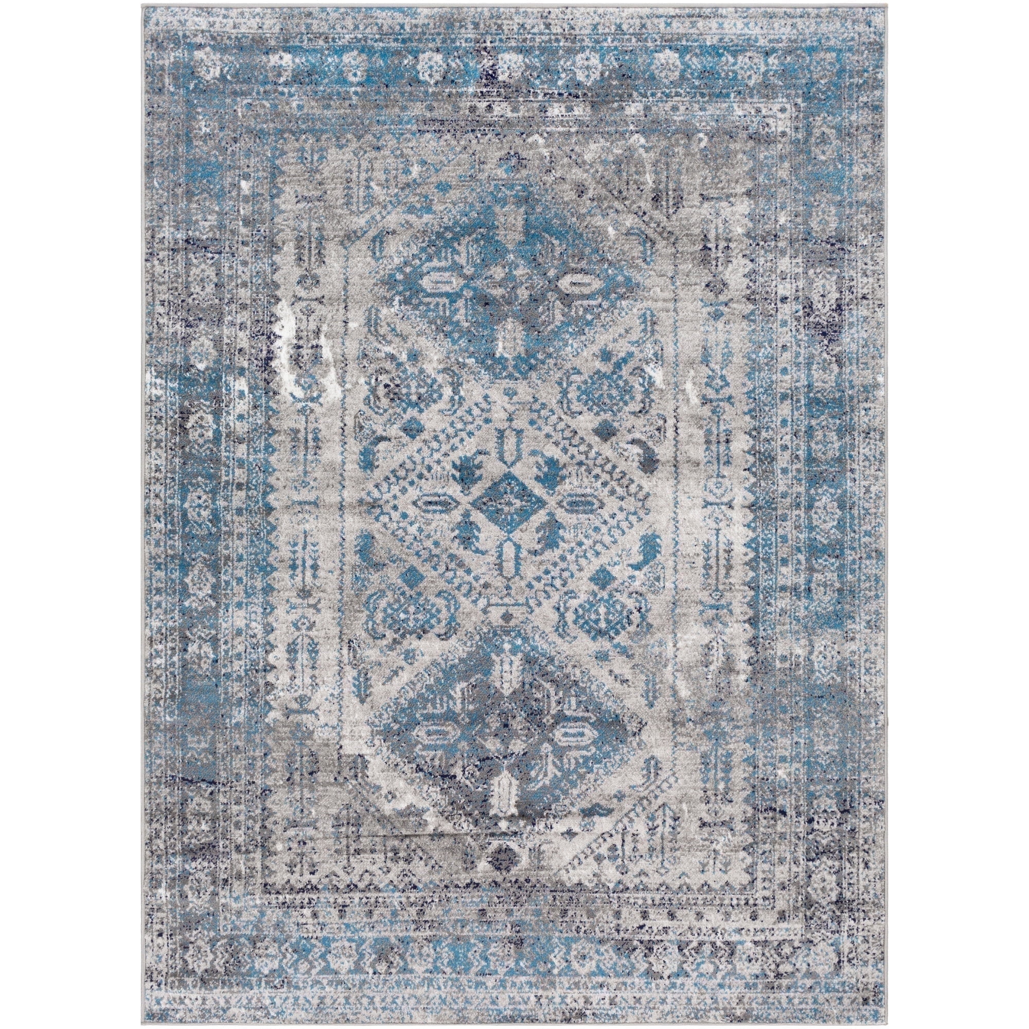 Livabliss Blue and Grey Synthetic Vintage Oriental Area Rug