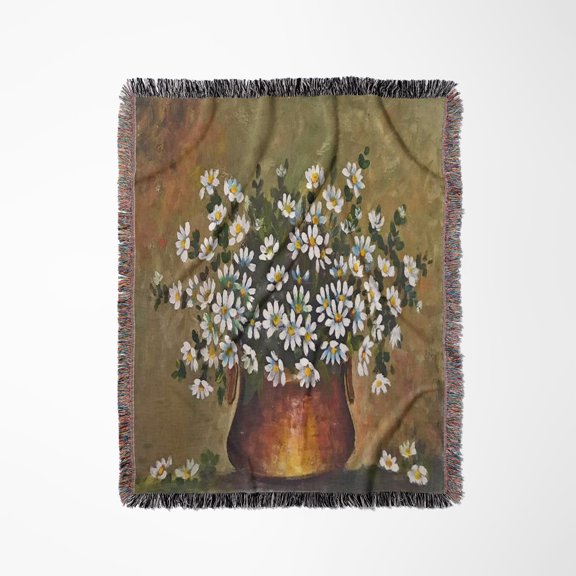 Artistic White Common Daisies In A Copper Colored Vase, Woven Blanket