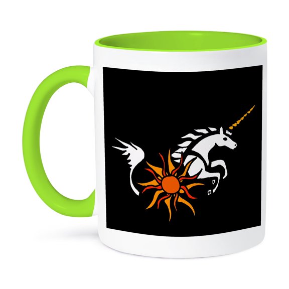 3dRose, Artistic White Flying Unicorn with Golden Horn Art Abstract, 11oz Two-Tone Green Mug