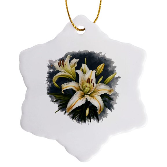 3drose, Artistic White Lilies Vector Design, 3 inch Snowflake Porcelain Ornament