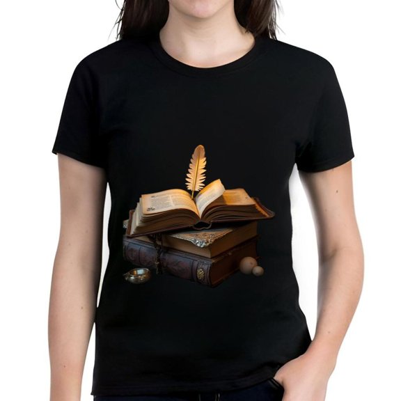 Artistic Women's Cotton Short Sleeve T-Shirt - Open Book Quill Pen & Key Design Literary Theme
