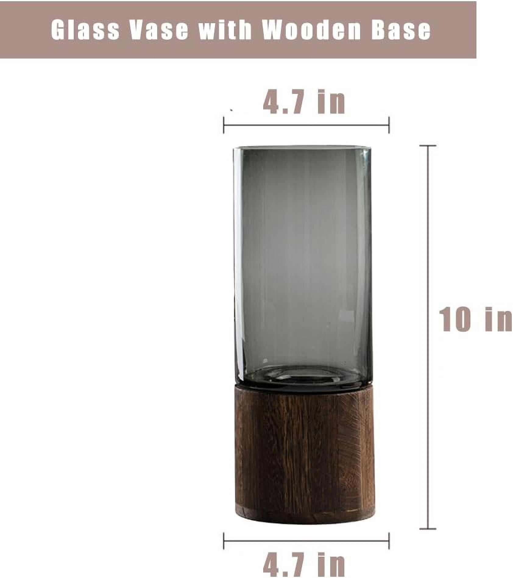 Artistic Wood Glass Vase, 10" H, Wooden Base Cylindrical Flower Vase, Class