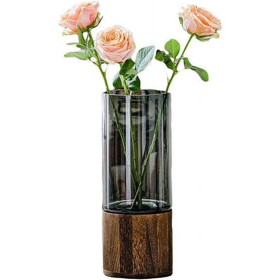 10" Wooden Base Glass Vase, Cylindrical Boho Rustic Flower Vase for Fireplace, Bedroom, Kitchen, Living Room, Office Desk Centerpiece