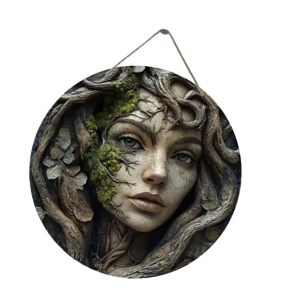Artistic Wooden Wall Sign Mysterious Tree Lady Pattern Round Plaques for Home Front Door Decoration