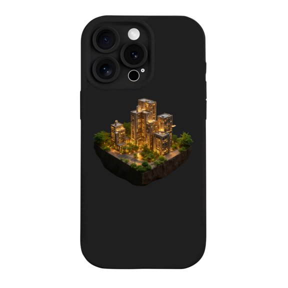 Artistic iPhone 15 Pro Case - Lightweight Yellowing Resistant with Illuminated Miniature Cityscape Design on Floating Island