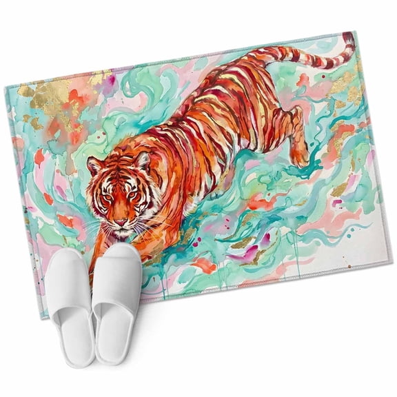 Artistical Tiger Bathroom Rug Washable 2x3 Entryway Rug Non Slip Turquoise Pink Modern Art Oil Painting Front Door Mat Low Pile Indoor Doormat Throw Floor Carpet for Kitchen Bedroom Entrance