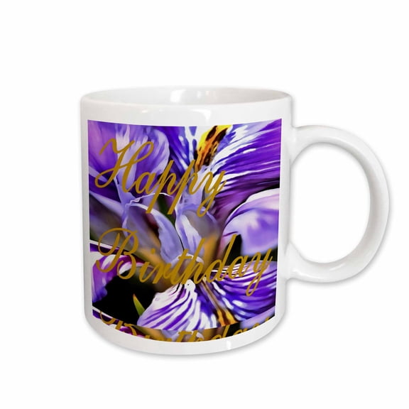 3drose, Artistically Painted Purple Iris Flower with Happy Birthday Greeting, 11oz Mug