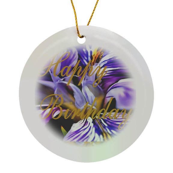 3drose, Artistically Painted Purple Iris Flower with Happy Birthday Greeting, Circle Porcelain Ornament