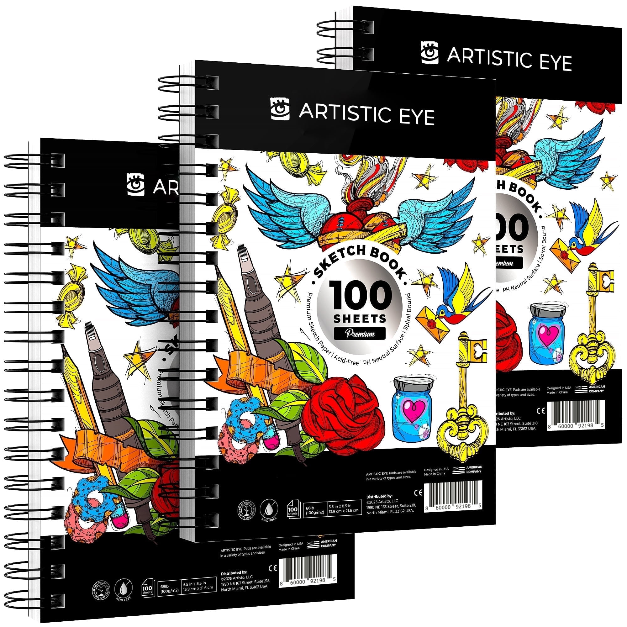 Artisto 5.5x8.5" Premium Sketch Book Set, Spiral Bound, Pack of 3, 300 Sheets (125g/m2)