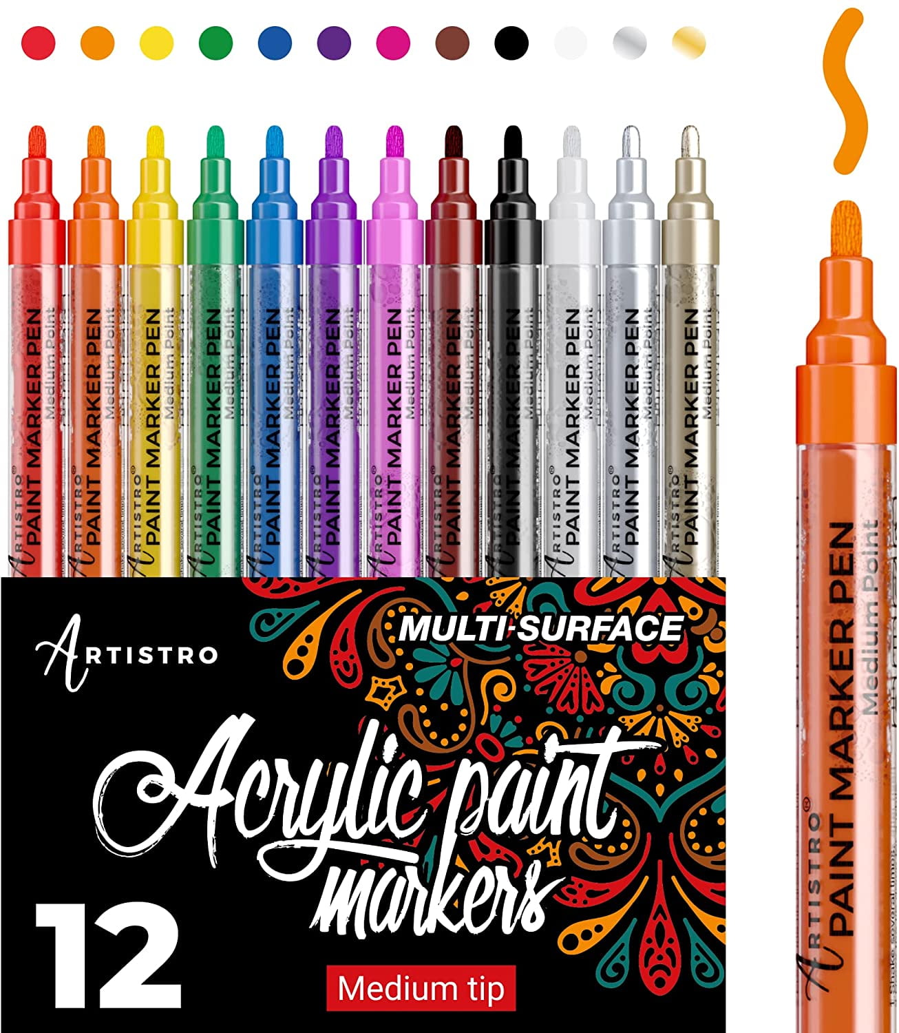 Arteza Acrylic Paint Markers Art Supply Set, Black Fine Nib - 12 Piece 