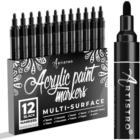 Artistro Set of 12 Acrylic Black Paint Pens Medium Tip