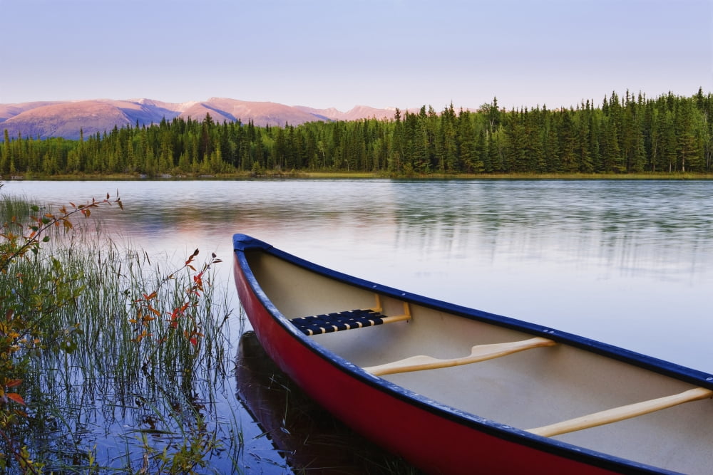 Artists Choice Canoe And Boya Lake At Sunset Boya Lake Provincial Park Northern British Columbia Canvas Art - Yves Marcoux Design Pics (34 x 22)