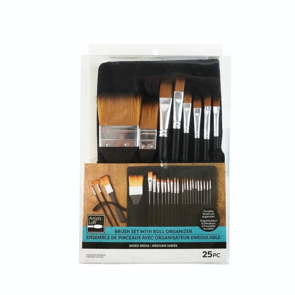 Artists Loft Taklon Brush Set - Assorted Shapes & Sizes - Black/Silver - 25-Piece