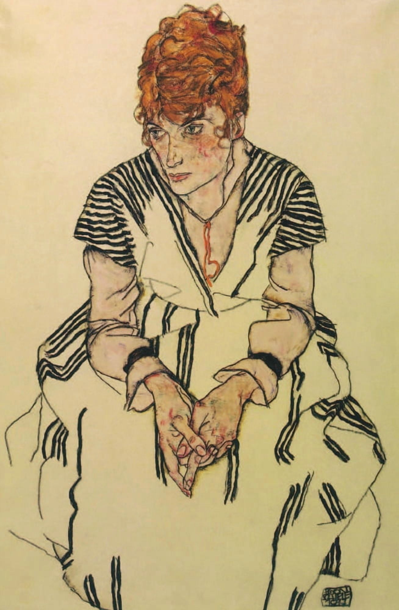 Artists Sister-in-law in striped dress 1917 Canvas Art - Egon Schiele (18 x 24)