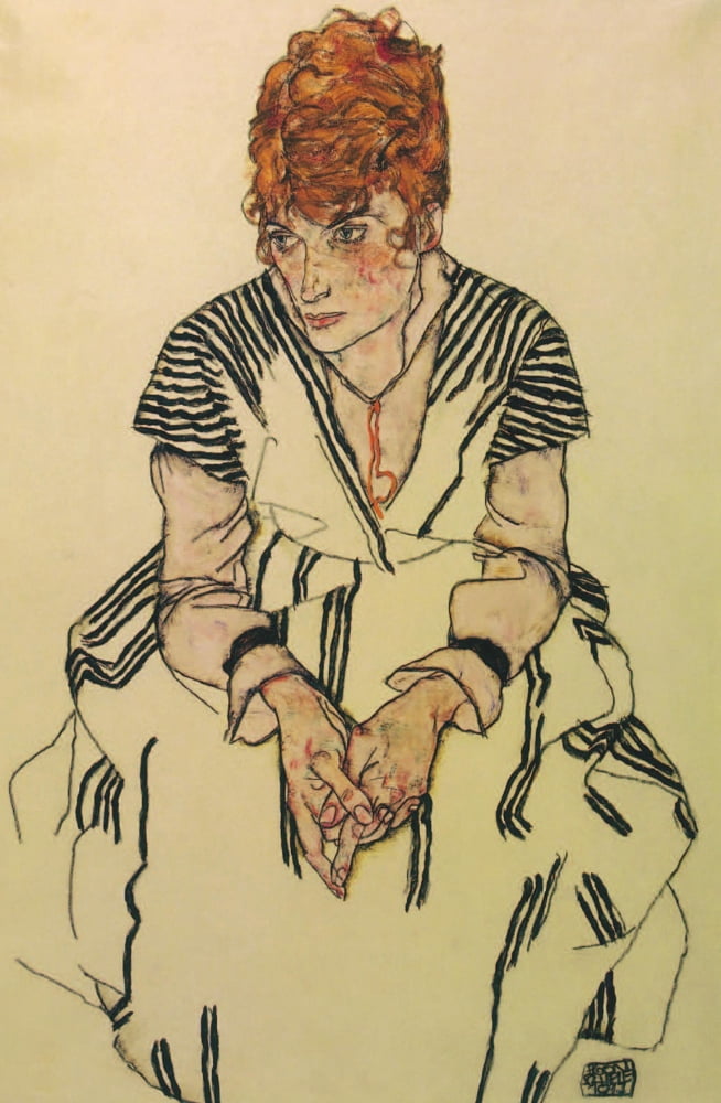 Artists Sister-in-law in striped dress 1917 Canvas Art - Egon Schiele (24 x 36)