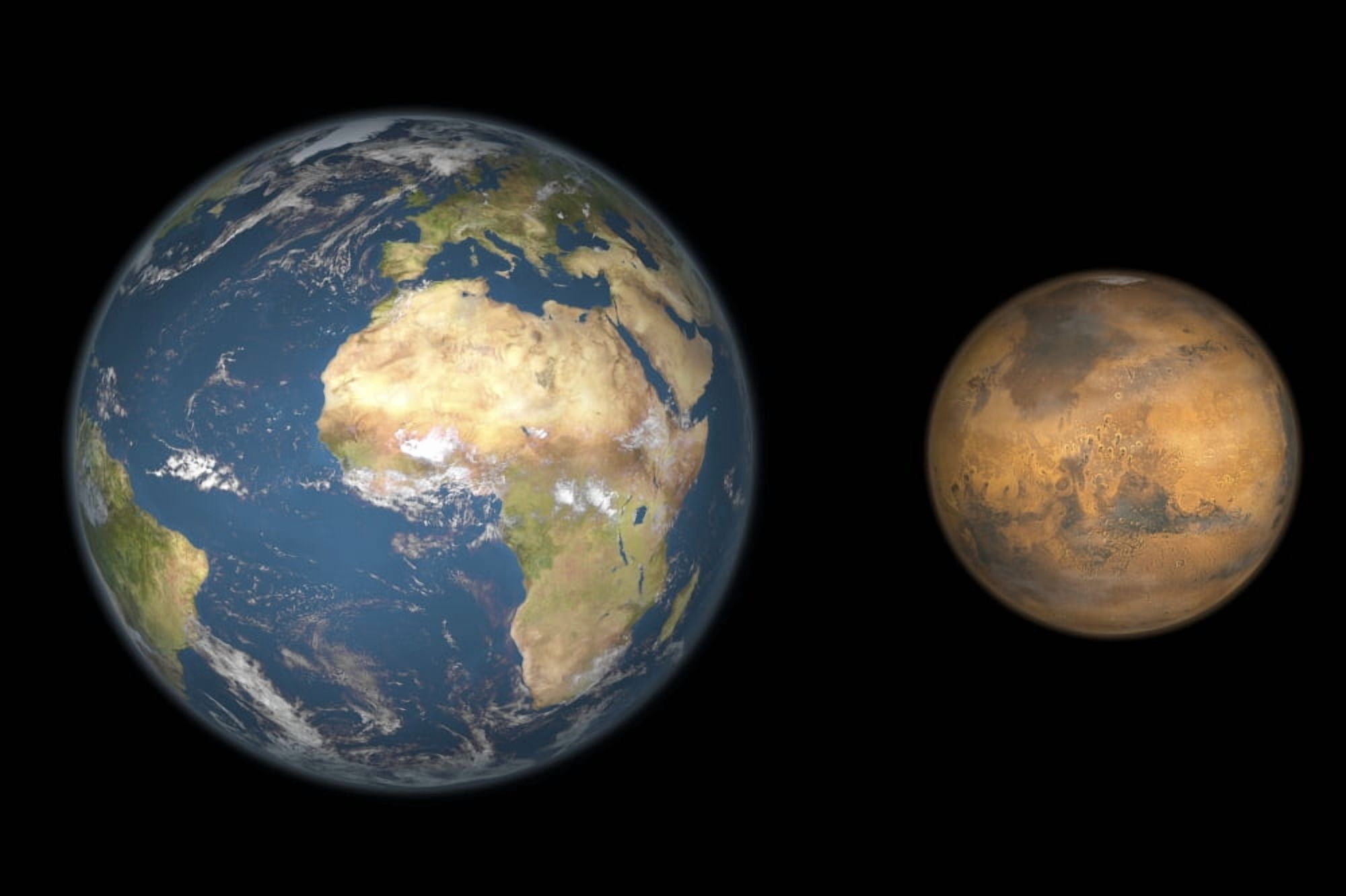 Artists concept comparing the size of Mars with that of the Earth Canvas Art - Walter MyersStocktrek Images (35 x 23)