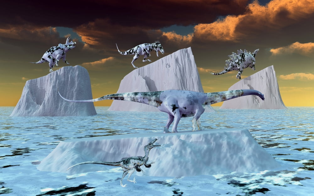 Artists concept depicting dinosaurs frozen in ice during an imaginary prehistoric ice age Canvas Art - Mark StevensonStocktrek Images (18 x 12)