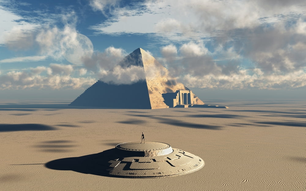 Artists concept illustrating how aliens helped to build ancient Egyptian monuments Canvas Art - Mark StevensonStocktrek Images (18 x 12)