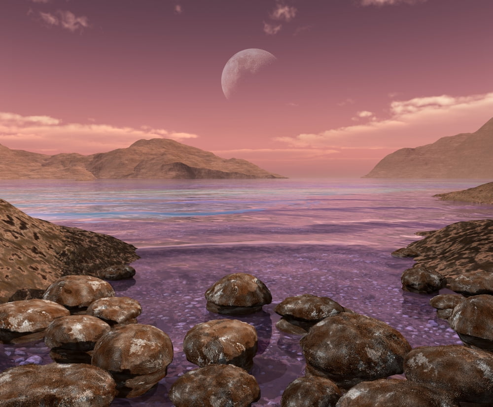 Artists concept of Archean stromatolites on the shore of an ancient sea Canvas Art - Walter MyersStocktrek Images (31 x 26)