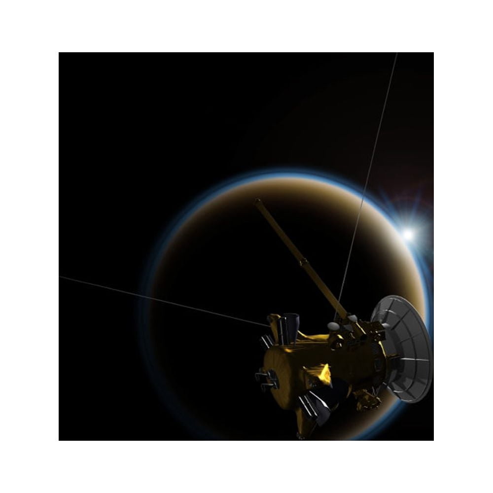 Artists concept of Cassini observing a sunset on Saturns moon Titan Canvas Art - Stocktrek Images (29 x 29)