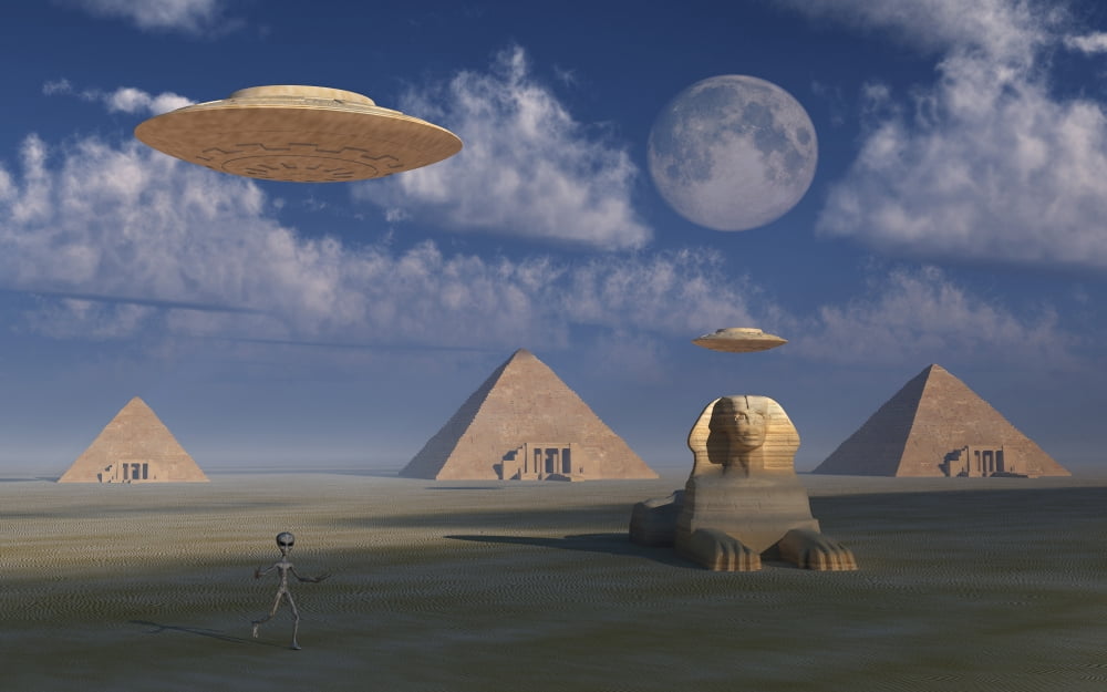 Artists concept of Grey aliens helping the Egyptians build the pyramids Canvas Art - Mark StevensonStocktrek Images (36 x 23)
