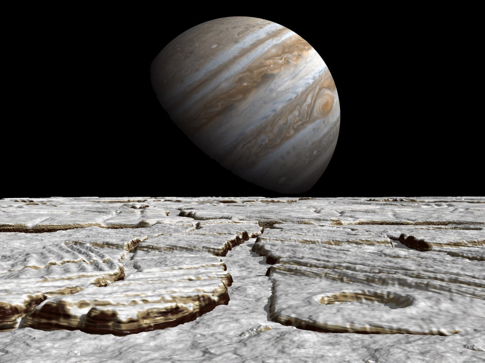 Artists concept of Jupiter as seen across the icy surface of its moon Europa Canvas Art - Walter MyersStocktrek Images (17 x 13)
