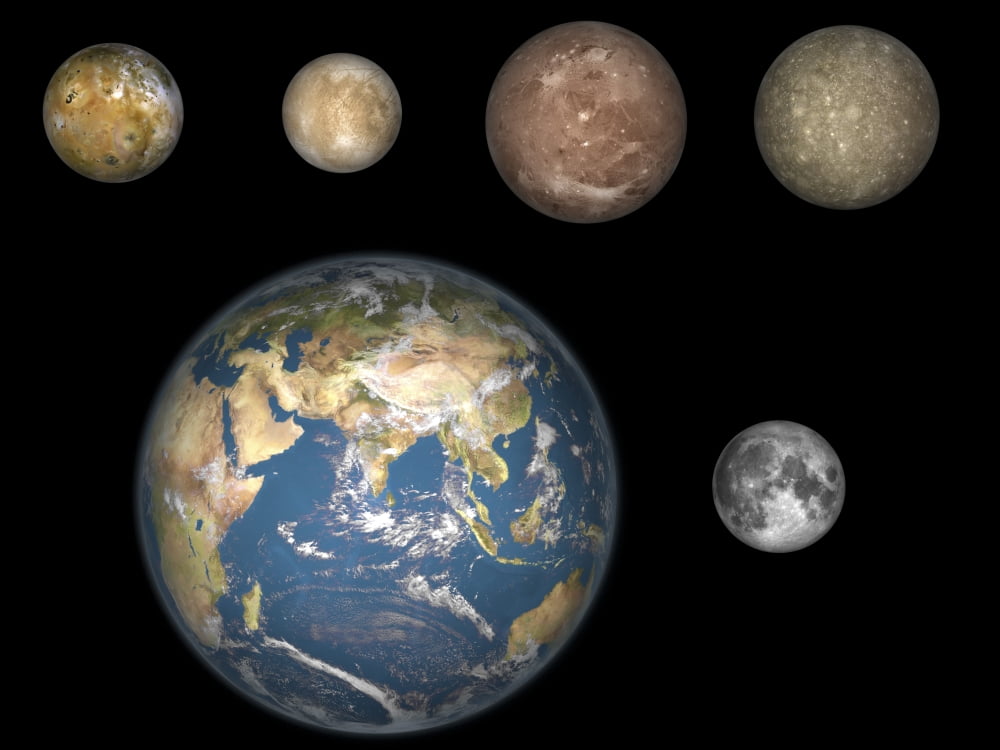 Artists concept of Jupiters four largest satellites laid out above the Earth and its moon Canvas Art - Walter MyersStocktrek Images (33 x 25)