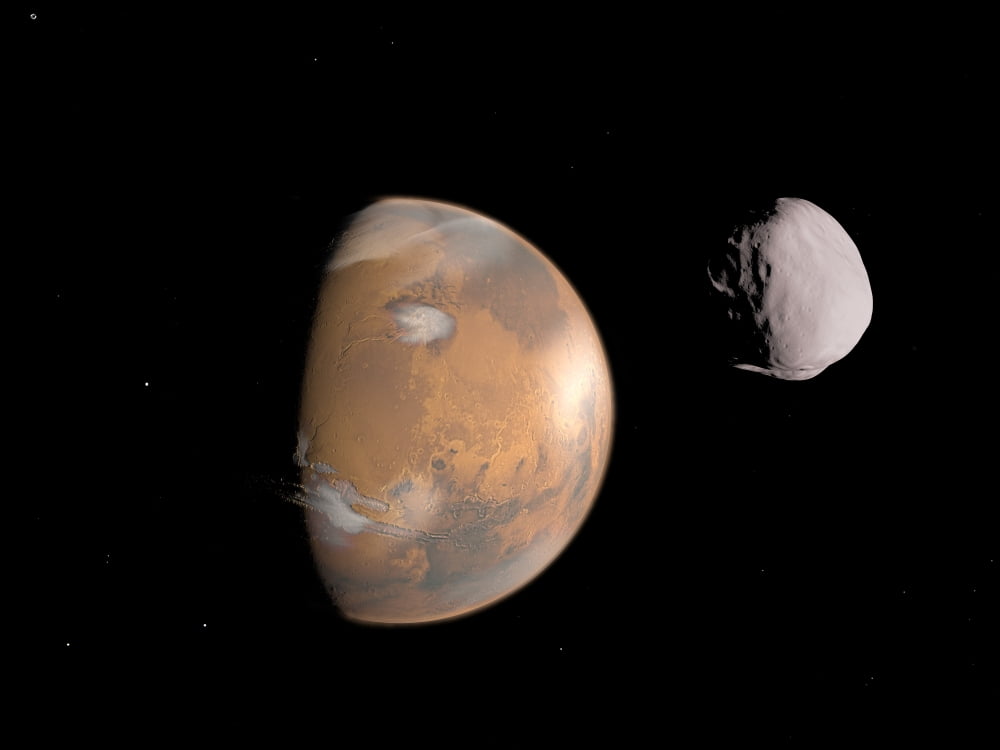Artists concept of Mars and its moon Dione Canvas Art - Walter MyersStocktrek Images (33 x 25)