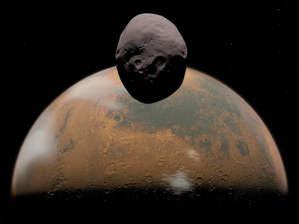 Artists concept of Mars and its tiny moon Phobos Canvas Art - Walter MyersStocktrek Images (17 x 13)