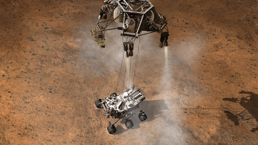 Artists concept of NASAs Curiosity rover touching down onto the Martian surface Canvas Art - Stocktrek Images (38 x 21)