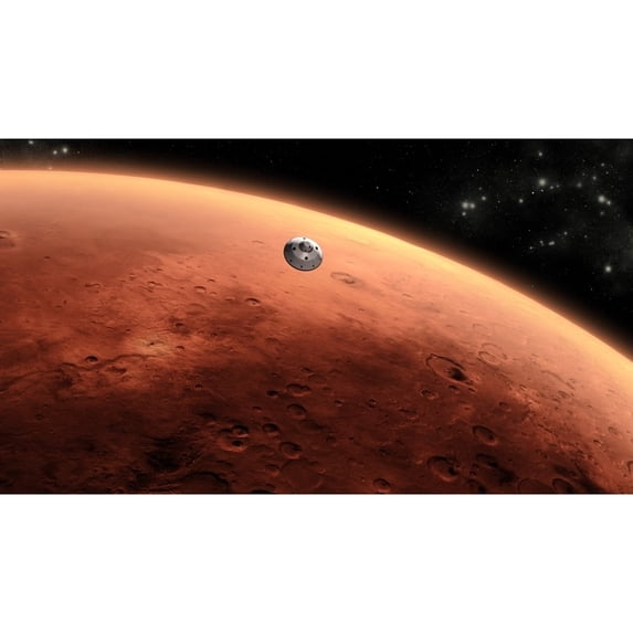 Artists concept of NASAs Mars Science Laboratory spacecraft approaching Mars Poster Print