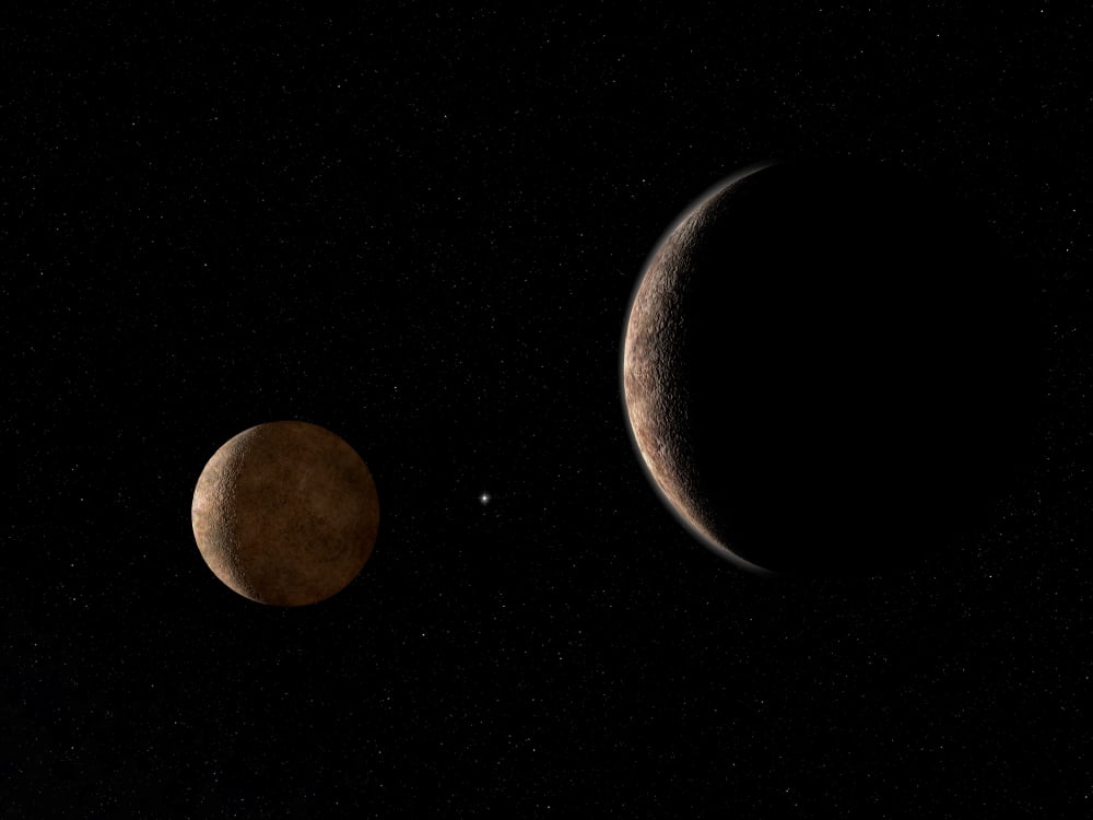 Artists concept of Pluto and its moon Charon Canvas Art - Walter MyersStocktrek Images (33 x 25)