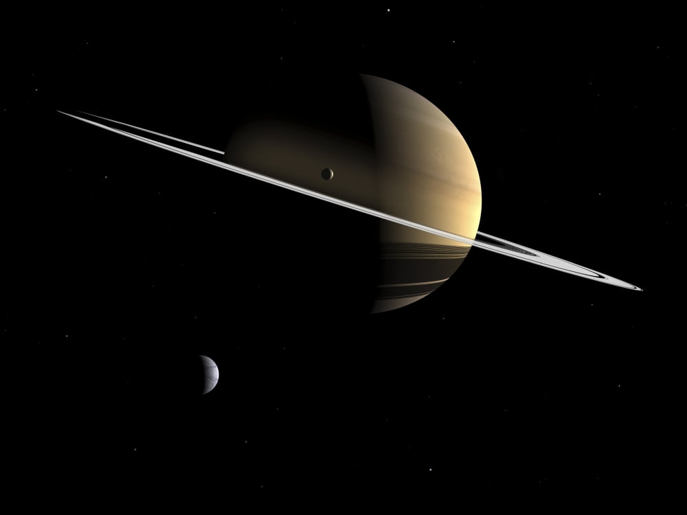 Artists concept of Saturn and its moons Dione and Tethys Canvas Art - Walter MyersStocktrek Images (17 x 13)