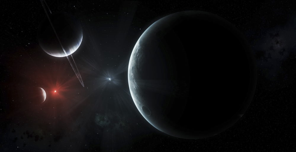 Artists concept of a binary star system Canvas Art - Kevin LafinStocktrek Images (39 x 20)