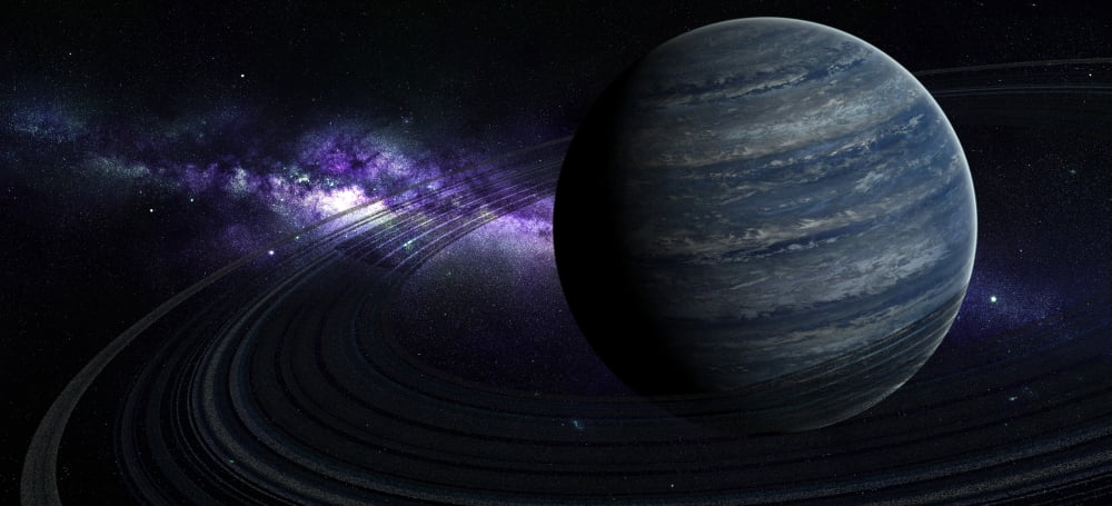 Artists concept of a blue ringed gas giant in front of a galaxy Canvas Art - Frieso HoevelkampStocktrek Images (21 x 10)