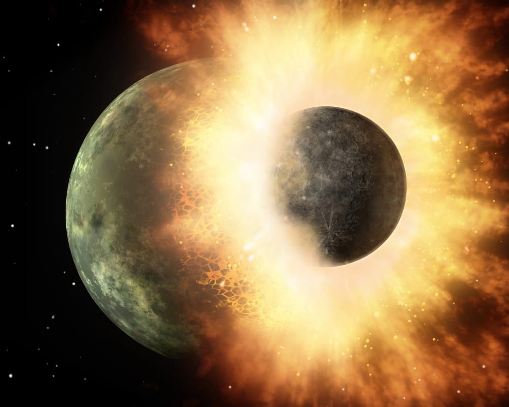 Artists concept of a celestial body colliding into a planet sized body Canvas Art - Stocktrek Images (32 x 26)