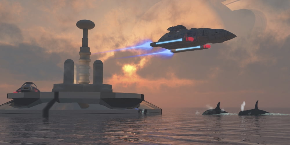 Artists concept of a futuristic colony on a water planet Canvas Art - Corey FordStocktrek Images (40 x 20)
