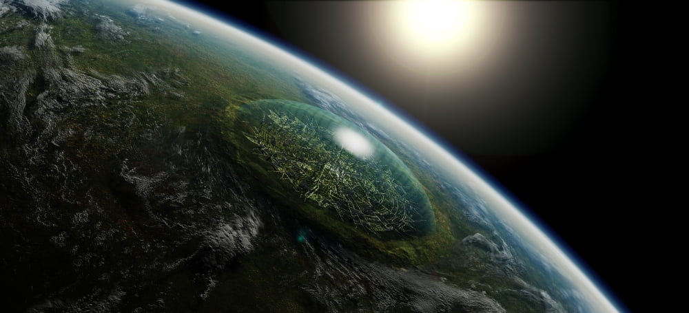 Artists concept of a giant domed city in an asteroid crater on a hypothetical planet Canvas Art - Frieso HoevelkampStocktrek Images (42 x 19)