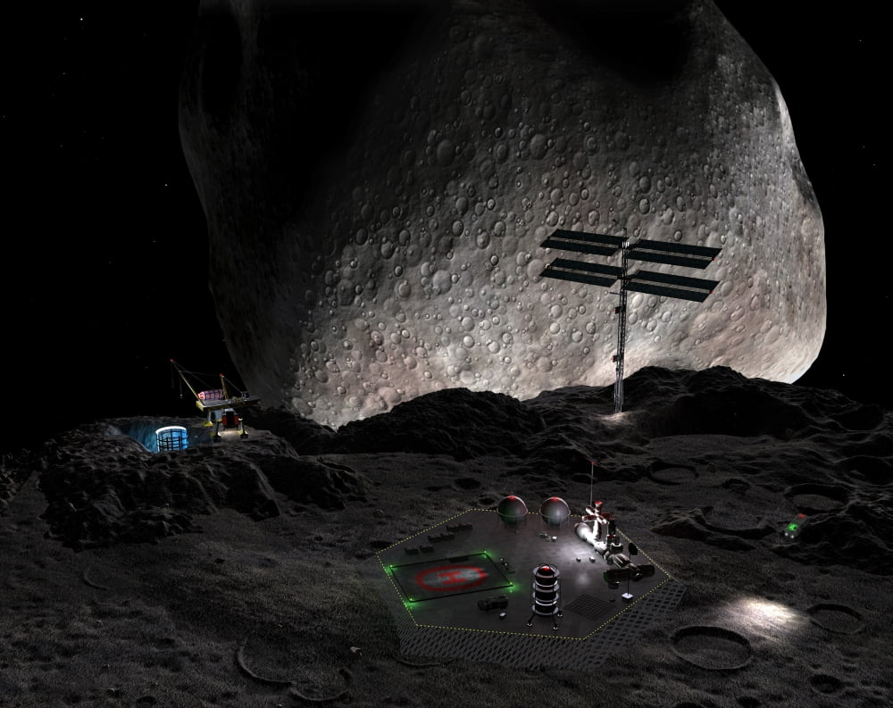 Artists concept of a mining settlement on the double asteroid 90 Antiope Canvas Art - Walter MyersStocktrek Images (16 x 13)