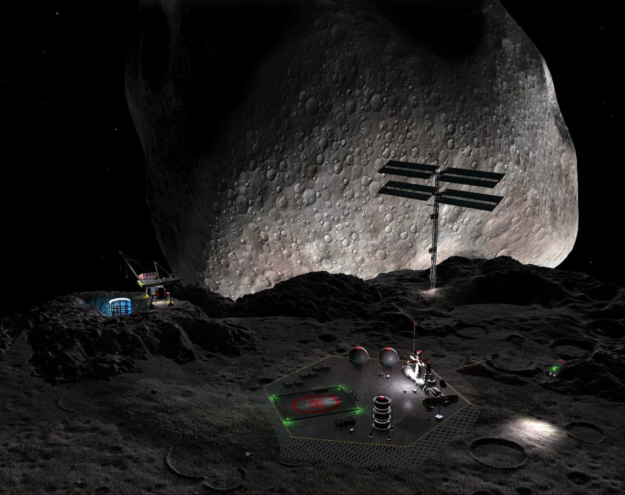 Artists concept of a mining settlement on the double asteroid 90 Antiope Canvas Art - Walter MyersStocktrek Images (32 x 26)