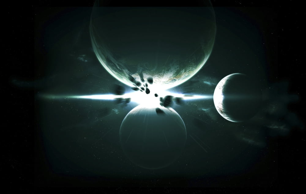 Artists concept of a planet and its 3 moons aligned in a perfect and symmetrical formation Canvas Art - Kevin LafinStocktrek Images (36 x 23)