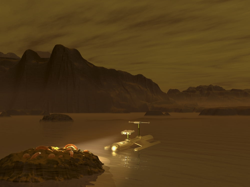 Artists concept of a robotic probe exploring a frigid ethane lake on Titan Canvas Art - Walter MyersStocktrek Images (33 x 25)